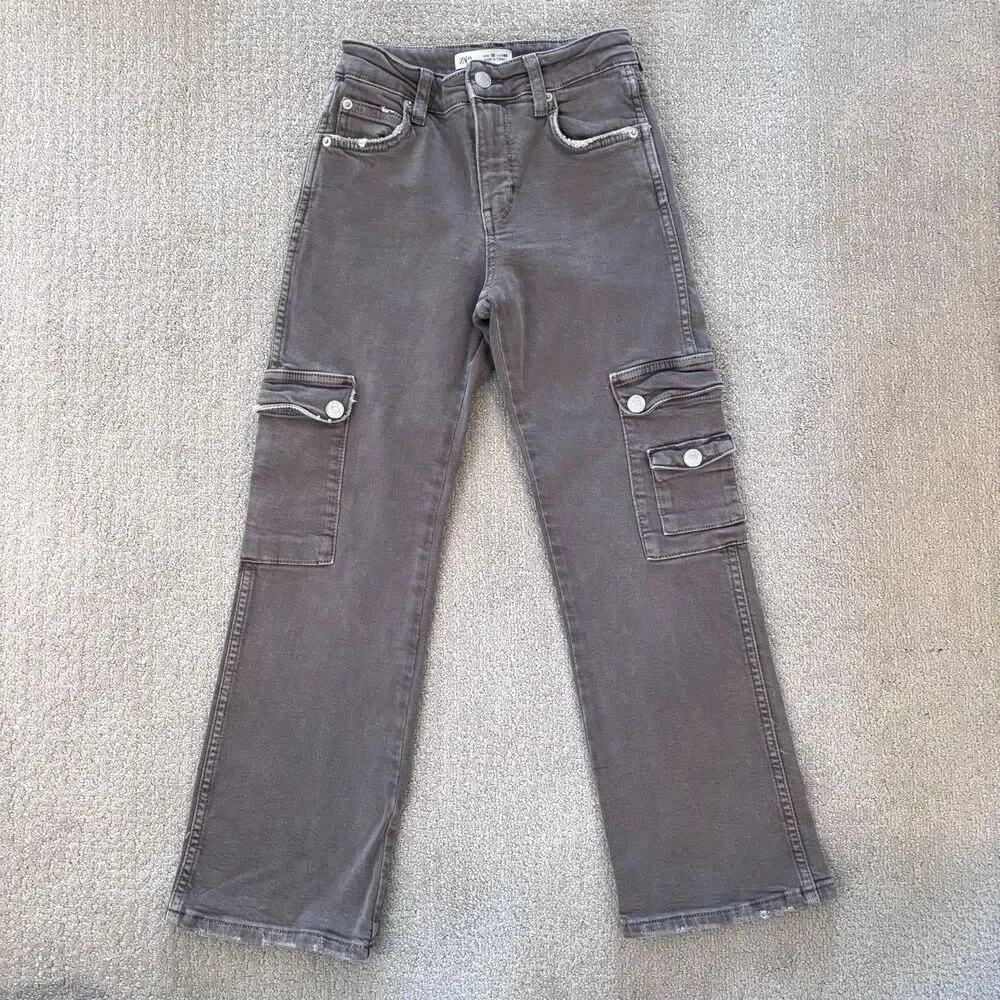 Zara Girls Gray Cargo Jeans Adjustable Waist Stretch Pockets Sz 10 Distressed